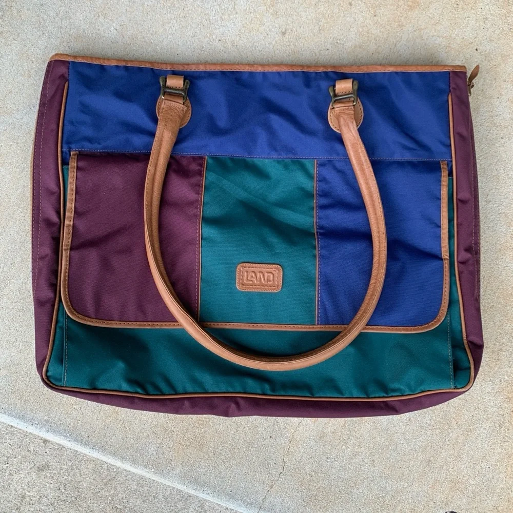 Vintage 1990s Y2K Land nylon & leather color block tote bag purple navy teal